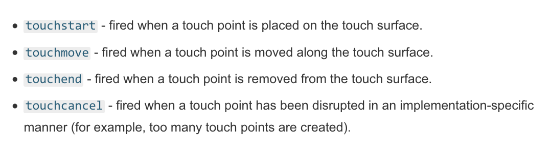 list of touch events